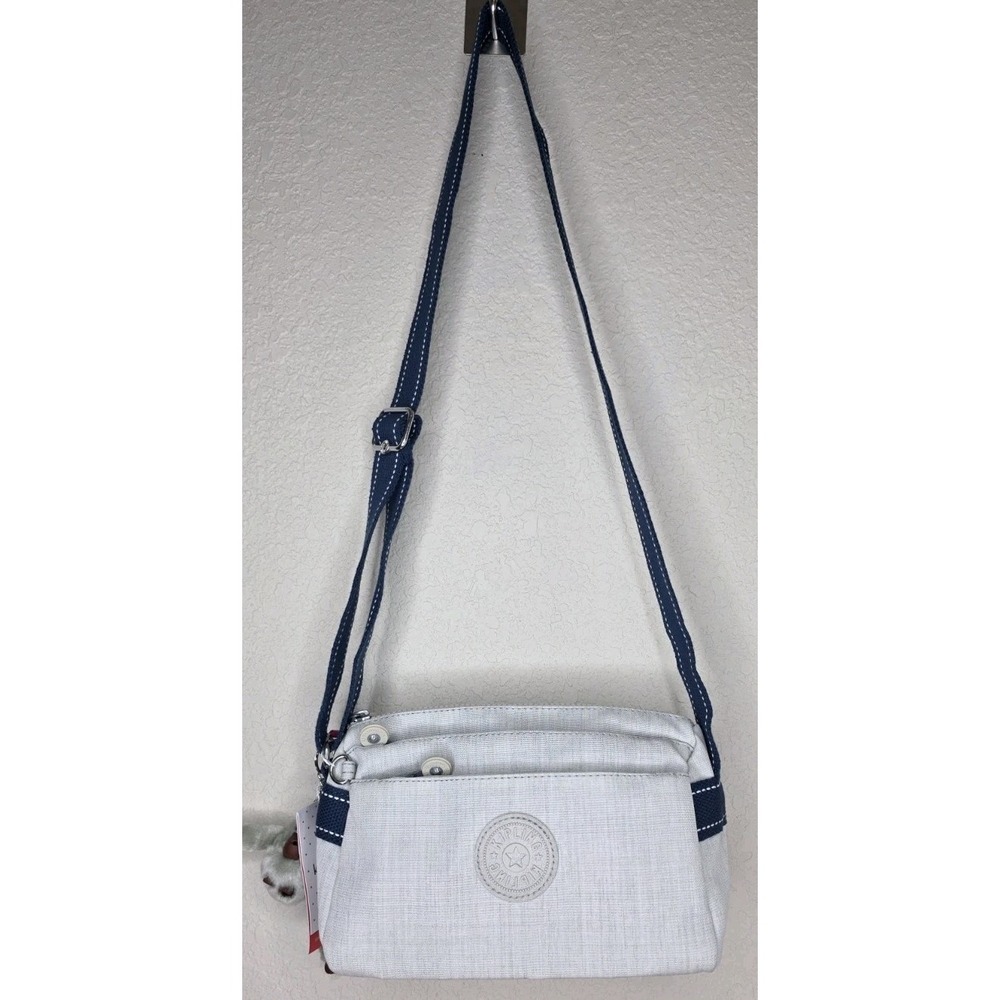 New Kipling Crossbody Bag Gray Navy Zip Pockets Monkey Keychain Charm Adjustable